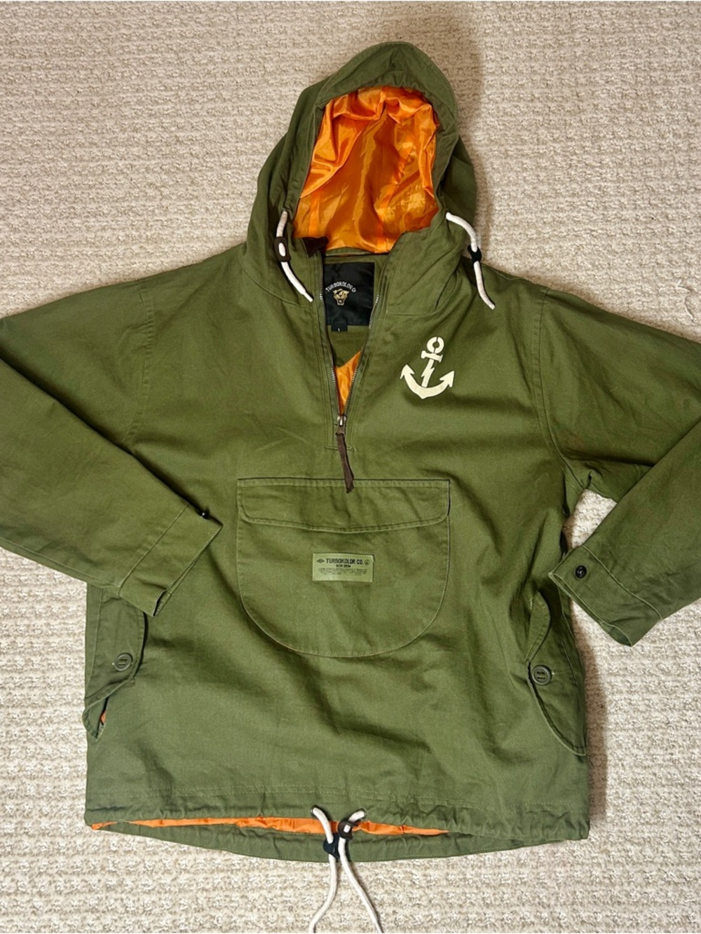 Turbokolor Co. Anorak Jacket Green Orange Logo Zipper Drawstring Men’s Size L